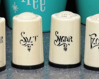 Vintage Art Deco Kitchen Shakers  S&P Flour Sugar Modernist  Bakelite