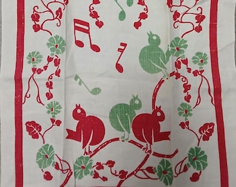 Paño de cocina vintage: Pájaros rojos y verdes, diseño geométrico de notas musicales, pieza de libro de la década de 1940