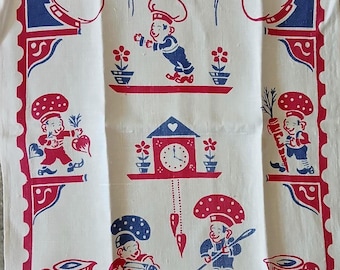 Paño de cocina vintage de los años 40 con elfos de la cocina RWB