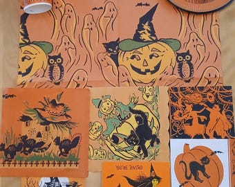 15 Piece VTG HALLOWEEN LOT 30s-60s  Crepe~Napkins~Plates~Invites~Paper  Cats bats Witches