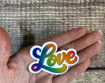 Love Rainbow Vinyl Sticker, Pride Laptop Decal, LGBTQ Ally Gift for Water Bottle, Colorful Cursive Love Sticker