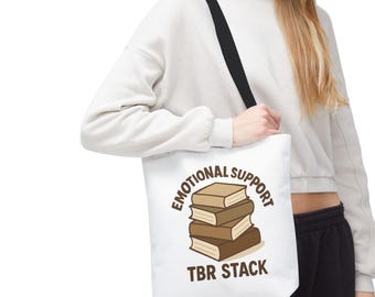 Emotional Support TBR Stack Tote Bag | Book Lover Library Illustration