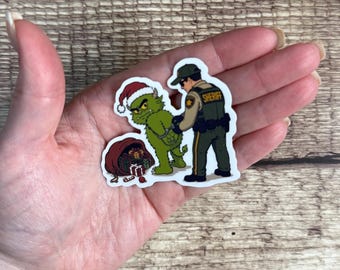 Caught Stealing Christmas Sticker, Funny Holiday Sheriff Arrest Vinyl Decal, Christmas Monster Gift for Laptop