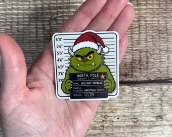 Christmas Monster Mugshot Sticker, Funny Holiday Menace Vinyl Decal, Naughty List Gift for Laptop or Water Bottle
