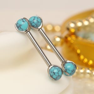 Turquoise Silver  Straight Bar Nipple Rings Titanium Nipple Piercing Jewelry Tongue Rings Internally Threaded 14g 12/14/16/18mm