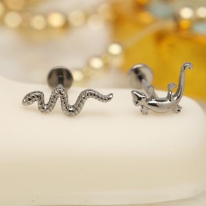 May include: Two silver-colored, decorative ear studs. One stud features a snake design, and the other has a lizard design. Both studs have a flat, round backing. The studs are set against a soft, off-white background.