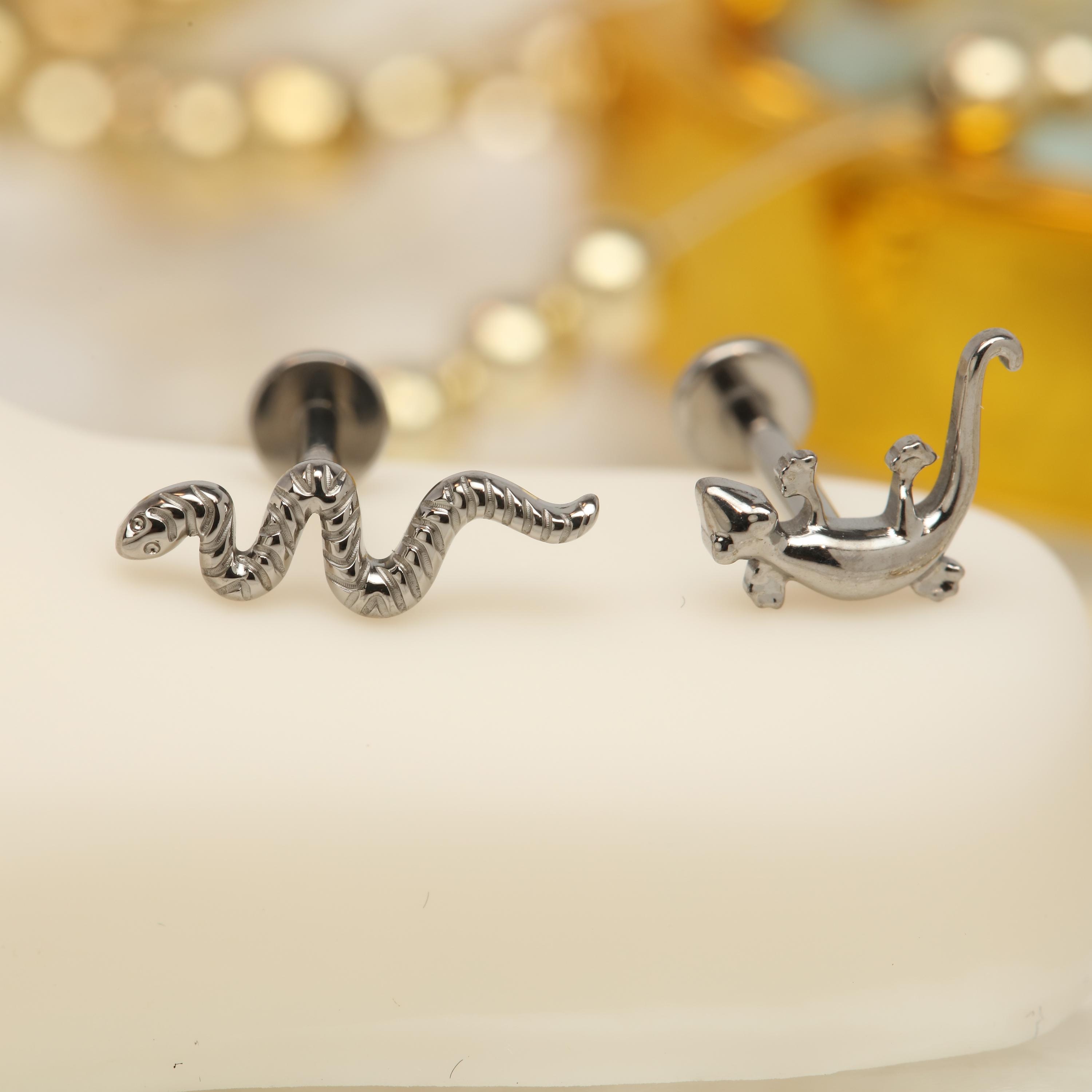 Piercing Tragus Hélice En Acier Inox - Gécko Lézard Avec Zircon - 16g (1.2 Mm) - Neuf