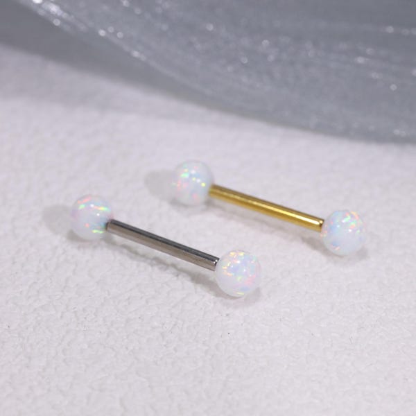 Piercing para pezón de ópalo blanco con rosca interna, 14 g y 16 g, de titanio.