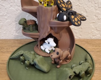 3D Printed Animal Toy Set with Treehouse Slide: Desk Decor