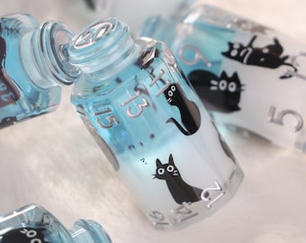 Black Cat Potion Flasche Würfelset, Rollenspiel Würfelset, W20 Würfelset, Tabletopspiele, Rollenspiel Würfel, handgemachte Epoxidharz Würfel