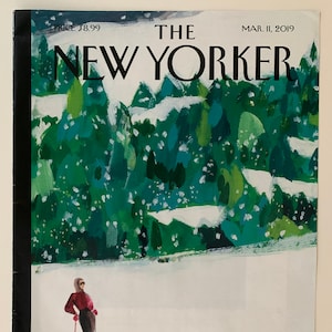 May include: The New Yorker magazine cover featuring a snowy landscape with a woman skiing and three dogs running behind her. The cover art is by the artist "Grabocker".