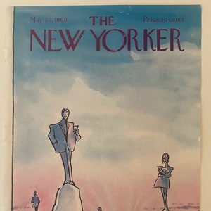 Vintage New Yorker Cover by Charles Saxon May 24, 1969 Men and Women with Cocktails Atop Peaks of Snow with Sun Setting Original Isolation