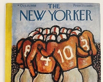 Original New Yorker Cover October 25, 1958 Football Team in a Huddle Arthur Birnbaum Orange and White Uniforms College Game Day Homecoming