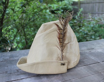 Vintage German Leather Hat with Pheasant Feather Old Style German Cap Lederhosen Octoberfest Sound of Music Edelweiss Hunting Hat