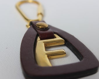 Vintage Keychain Letter F Leather and Brass Oxblood Leather New Old Stock Durable Keychain