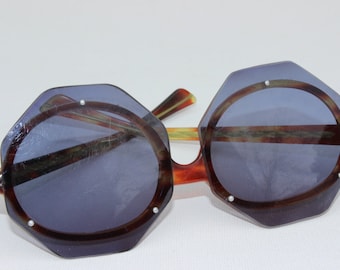 Vintage Octagonal Horn Rimmed Sunglasses Jackie O Sunglasses 1960&#39;s Tortoise Shell Groovy Oversized Shades Womens Funky
