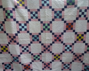 Vintage Nine Patch Quilt With Picture Frame Border Pink Feed Sack Girls Room Antique Pink Quilt