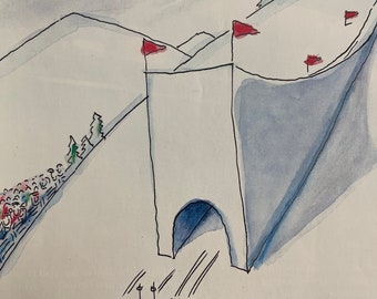 Original New Yorker Cover January 22 1990 Niculae Asciu Artist Ski Jump Mountain Downhill Skiing Competition 1990 Ford Taurus Colorado