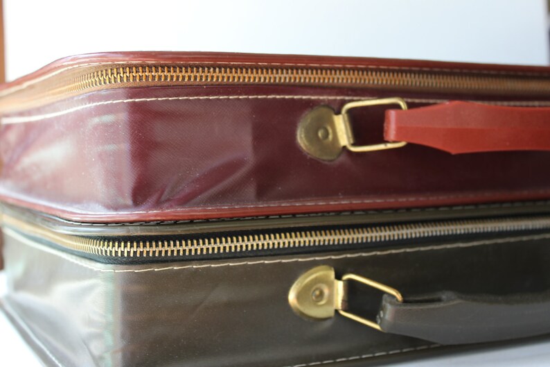 Vintage Pleather Vegan Leather Carrying Storage Cases Case with Handle Red and Green image 1