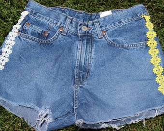 Vintage Lucky Brand Up Cycled Cutoff Jean Shorts with Trim Preppy Embellished Denim Cutoffs