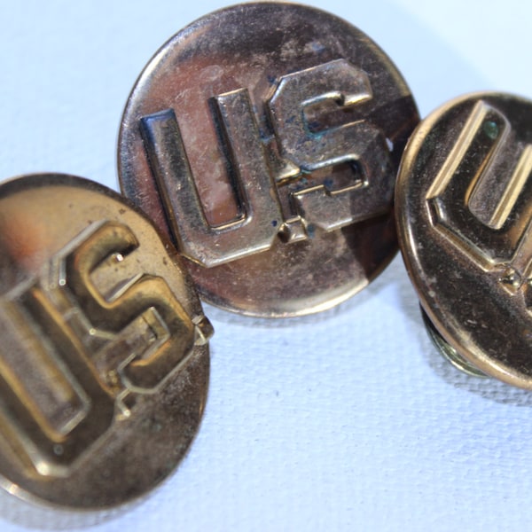 Vintage U.S. Military Brass Collar Disc Pins Buttons Set of 3 WWII Collectibles Memorabilia Uniform Buttons