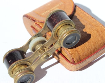 Vintage Opera Glasses Binoculars Leather and Brass Antique Leather Case and Opera Glasses