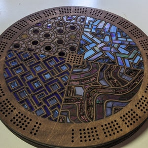 Custom Handmade 15&quot; Diameter Mosaic Stained Glass Cribbage Board - Personalized Wooden Cribbage Game