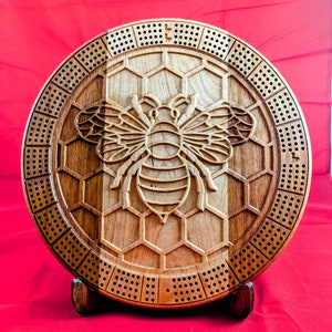 12-inch jatoba- en kersenhouten cribbagebord met bij en honingraat - 3/4 inch dik