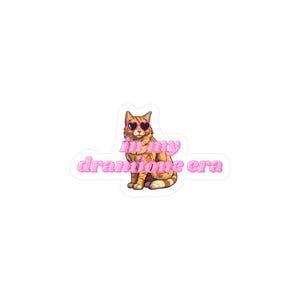 May include: A sticker depicting an orange tabby cat wearing heart-shaped sunglasses. The cat is sitting with the text "in my dramione era" in pink cursive font.