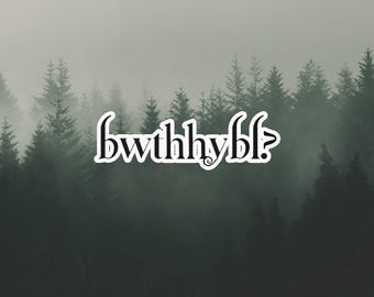Peut inclure: Un autocollant blanc présentant le texte noir stylisé "bwthhybl?" dans une police décorative et fluide. L'autocollant est centré sur un arrière-plan représentant une forêt dense et brumeuse remplie de grands conifères aux tons vert foncé et gris.
