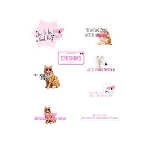 Könnte beinhalten: Eine Sammlung von Aufklebern mit verschiedenen Designs und Texten. Die Aufkleber zeigen Bilder von Katzen, Totenköpfen und einem Hund, alle mit Sonnenbrillen. Der Text enthält Sätze wie "Ooo la la, a bad boy" und "CRKSHNKS."