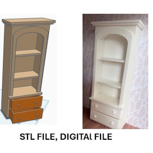 May include: A white bookshelf with two shelves and two drawers. The bookshelf has an arched top and is made of wood. The drawers are brown and have a knob on each.
