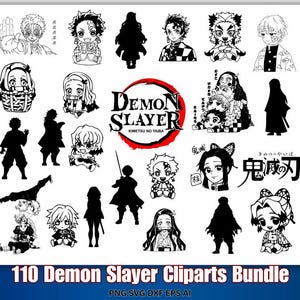 Puede incluir: Un conjunto de 110 imágenes prediseñadas de Demon Slayer en blanco y negro. Las imágenes incluyen varios personajes y símbolos de la serie de anime, con el título "Demon Slayer". El paquete incluye archivos PNG, SVG, DXF y EPS.