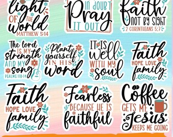May include: A collection of faith-based PNG stickers with various inspirational quotes and phrases. The stickers feature floral and leaf accents, with phrases like "Light of the World" and "Pray it Out."