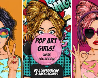 Comic Style Pop Art Girls Graphic | Retro Cartoon Woman Illustration | Bold Color Pop Art Clipart | Digital Download
