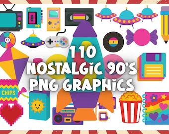 90s Retro PNG Graphics Bundle: Vintage Clipart (Digital Download)