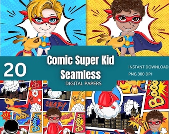 20 Super Kid Comic Digital Papers | Seamless Superhero Patterns (Instant Download)