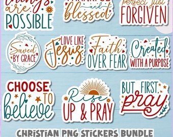 May include: A collection of Christian-themed PNG stickers with various inspirational quotes in red, green, and brown. Phrases include "With God all things are possible," "Thankful and blessed," and "But first, pray." The stickers are on a light blue background.