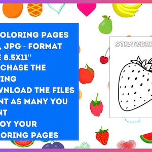 Op de afbeelding: Een blauwe achtergrond met witte tekst die de details beschrijft van een kleurboek met 15 kleurplaten van een aardbei. De kleurplaten zijn 8,5 inch bij 11 inch en zijn beschikbaar in PDF- en JPG-formaat.