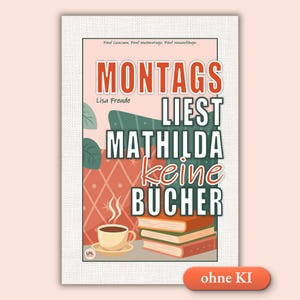 Könnte beinhalten: Ein Buchcover mit dem Titel MONTAGS LIEST MATHILDA KEINE BÜCHER von Lisa Freude. Die Illustration zeigt einen Stapel aus drei Büchern, eine dampfende Tasse Kaffee auf einer Untertasse und gemusterte Kissen im Hintergrund. Der Text Fünf Cousinen. Fünf Wochentage. Fünf Neuanfänge. steht oben.