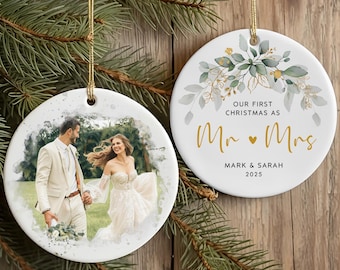 Custom First Christmas Married Ornament, Personalized Watercolor Portrait Married Ornament, Couple Photo Wedding Keepsake, Newlywed Gift