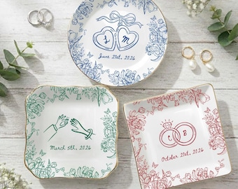Custom Engagement Wedding Gift, Custom Couple Name Trinket Dish, Toile De Jouy Jewelry Dish, Floral Wedding Ring Holder, Bridal Shower Gift