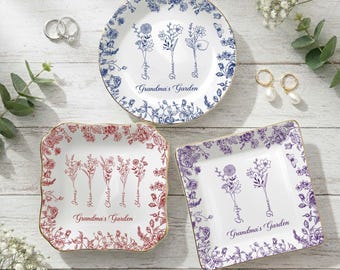 Personalized Grandma Garden Ring Dish, Birth Flower Trinket Tray, Custom Grandkids Names Gift, Mothers Day Gift for Grandma
