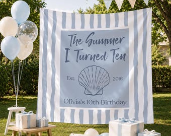 10th Birthday Banner, Personalized Beach Birthday Backdrop, The Summer I Turned Ten Party Decor, Coastal Tween Girl Party Wall Tapestry