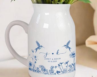 Personalized Ceramic Engagement Flower Vase, Toile De Jouy Keepsake, Wedding Gift for Couple, Gift For Bride