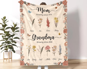 Custom Mom Grandma Blanket, Personalized Grandma Garden Blanket, Custom Birth Month Flower Throw, Grandma Mother’s Day Gift