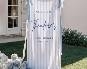 Personalized Baby Shower Welcome Sign, Blue Stripe Baby Shower Banner, Custom Name Linen Backdrop, Baby Boy Photo Booth Decor for Party