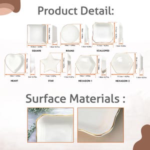 May include: A collection of white ceramic dishes in various shapes, including square, round, heart, star, and hexagon, with gold trim. Dimensions are provided in inches. The image also shows close-ups of the surface material.