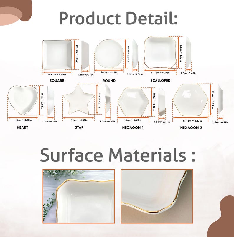May include: A collection of white ceramic dishes in various shapes, including square, round, heart, star, and hexagon, with gold trim. Dimensions are provided in inches. The image also shows close-ups of the surface material.