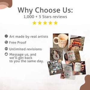 May include: Image featuring various custom products, including mugs, a car-shaped ornament, and a photo collage. Text overlay reads "Why Choose Us: 1,000 + 5 Stars reviews" and lists benefits like "Art made by real artists" and "Free Proof."